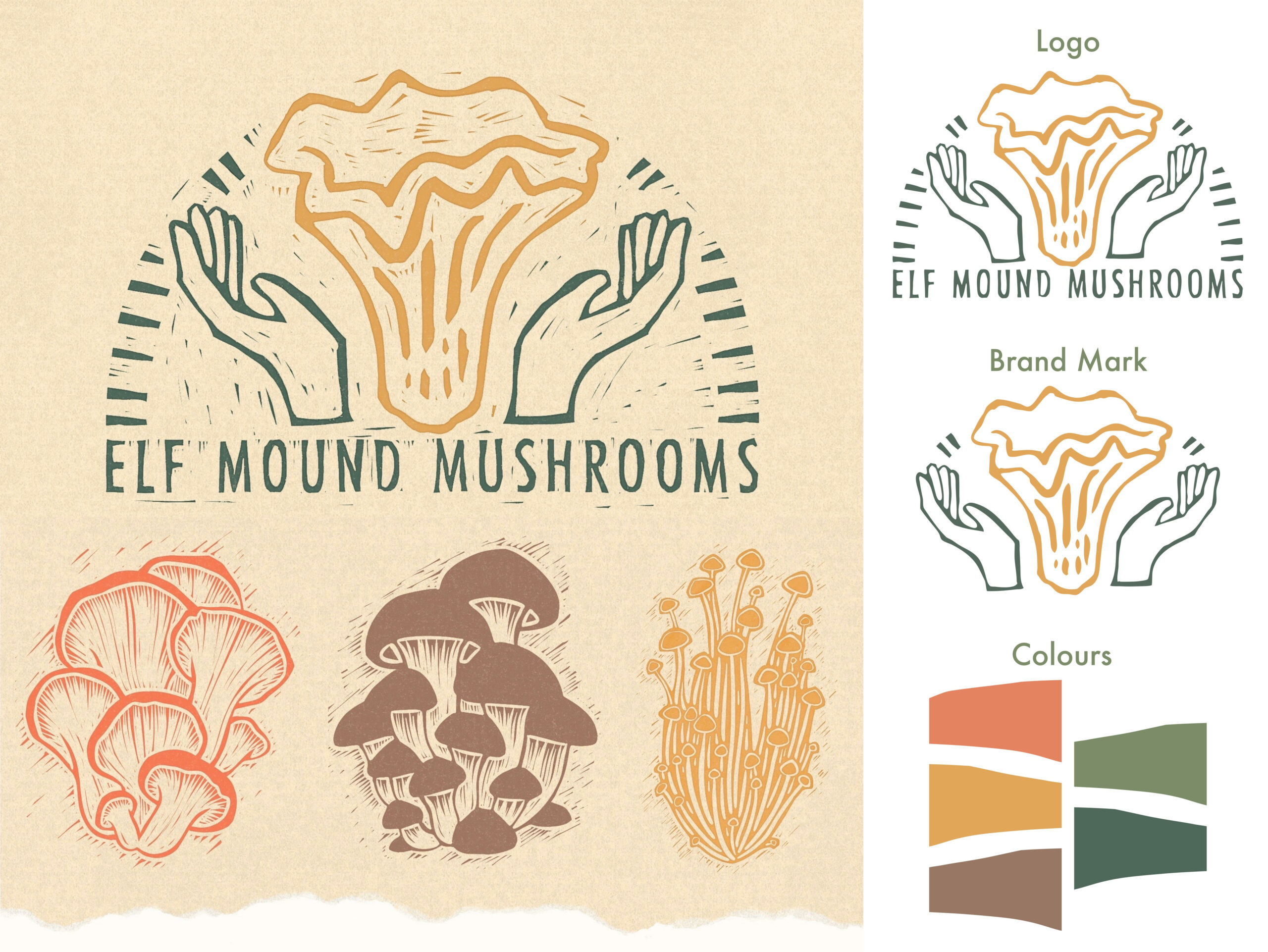 illustration of a logo, brand mark and colors for the made up company named elf mound mushrooms