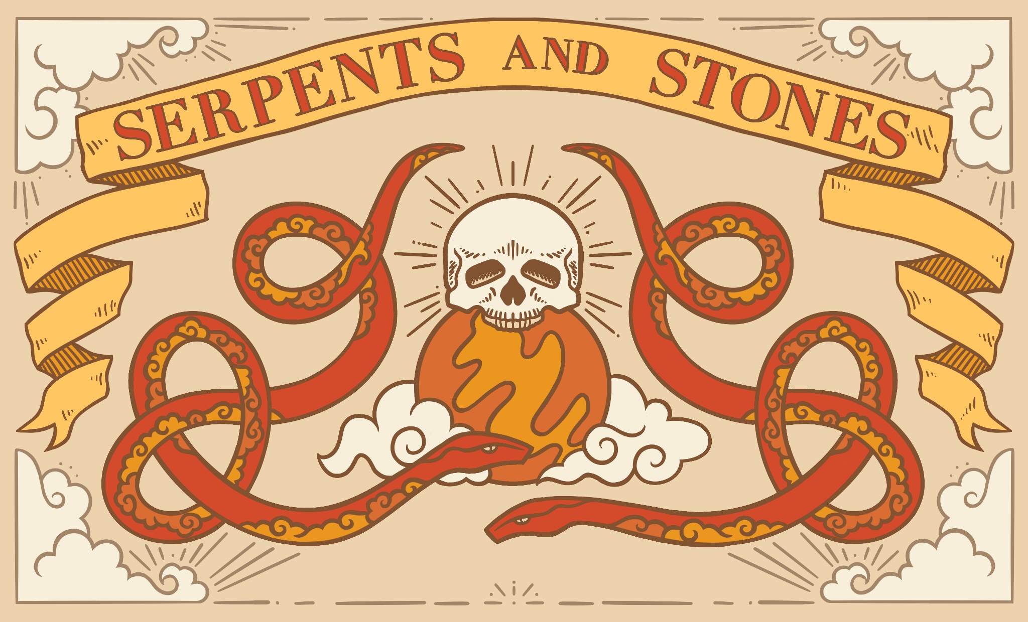 illustration of a skull on a crystal ball with two snakes and the company name serpents and stones