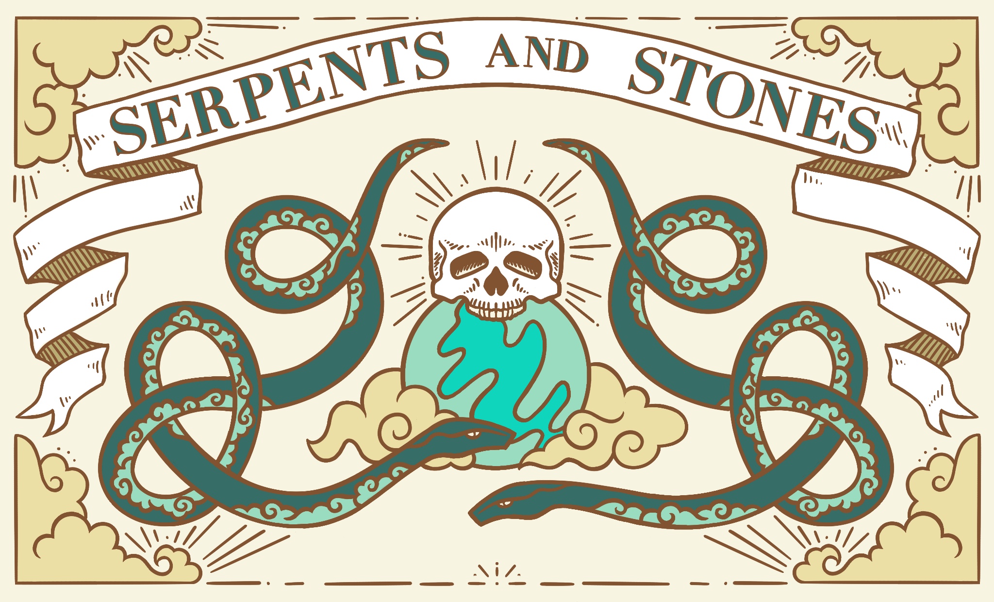 illustration of a skull on a crystal ball with two snakes and the company name serpents and stones