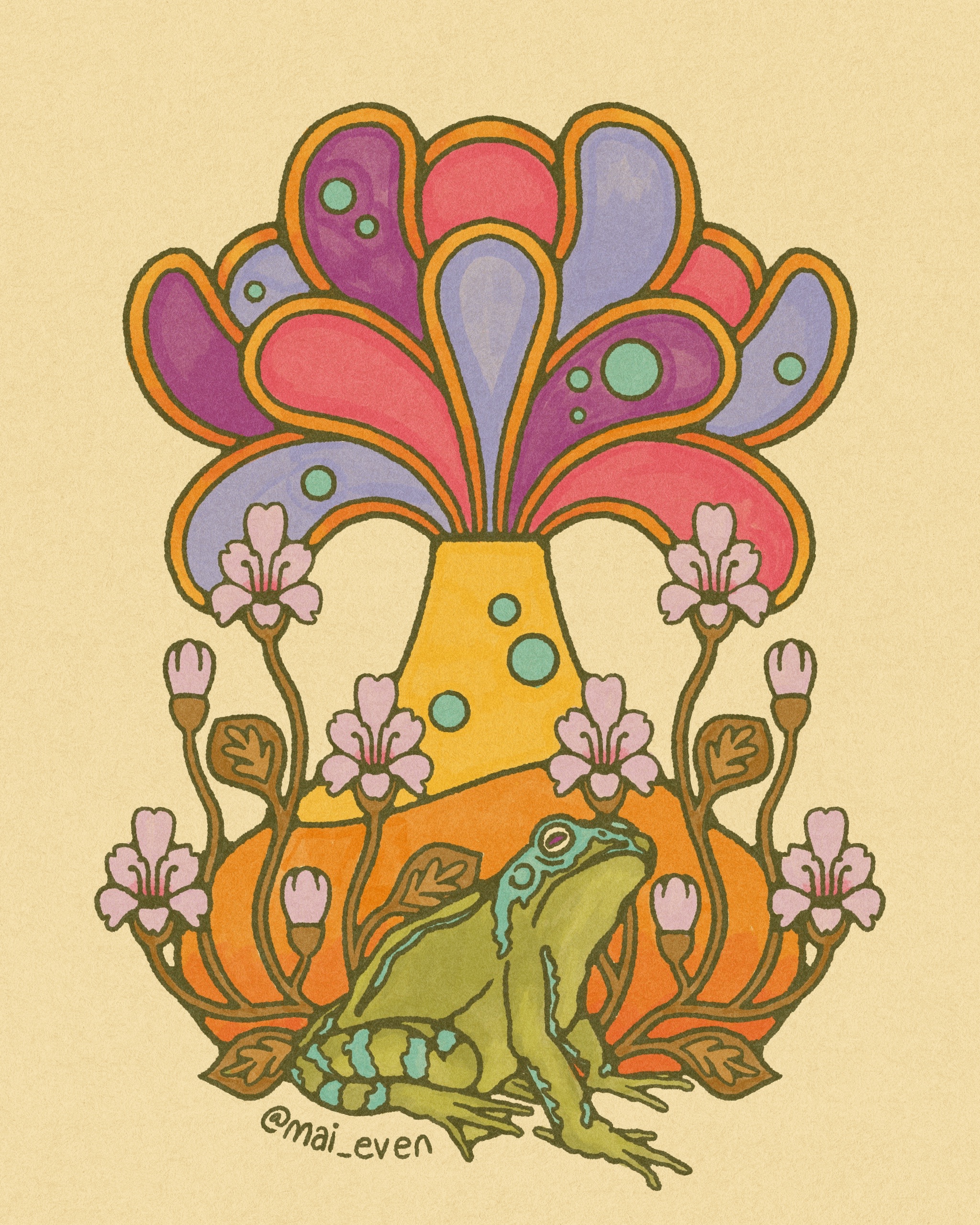 illustration of a frog and flowers in front of a testing flask