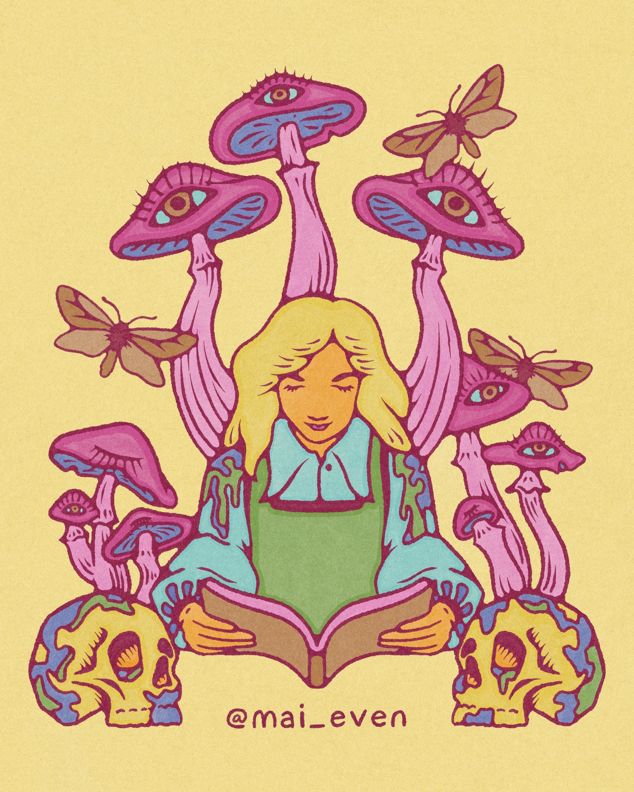 illustration of a girl reading with mushrooms and moths beside her and skulls in front of her