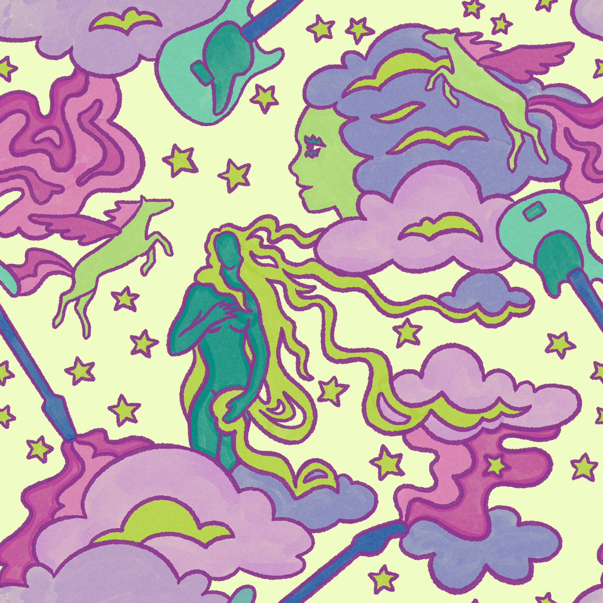 Psychedelic pattern with guitars and pegasus