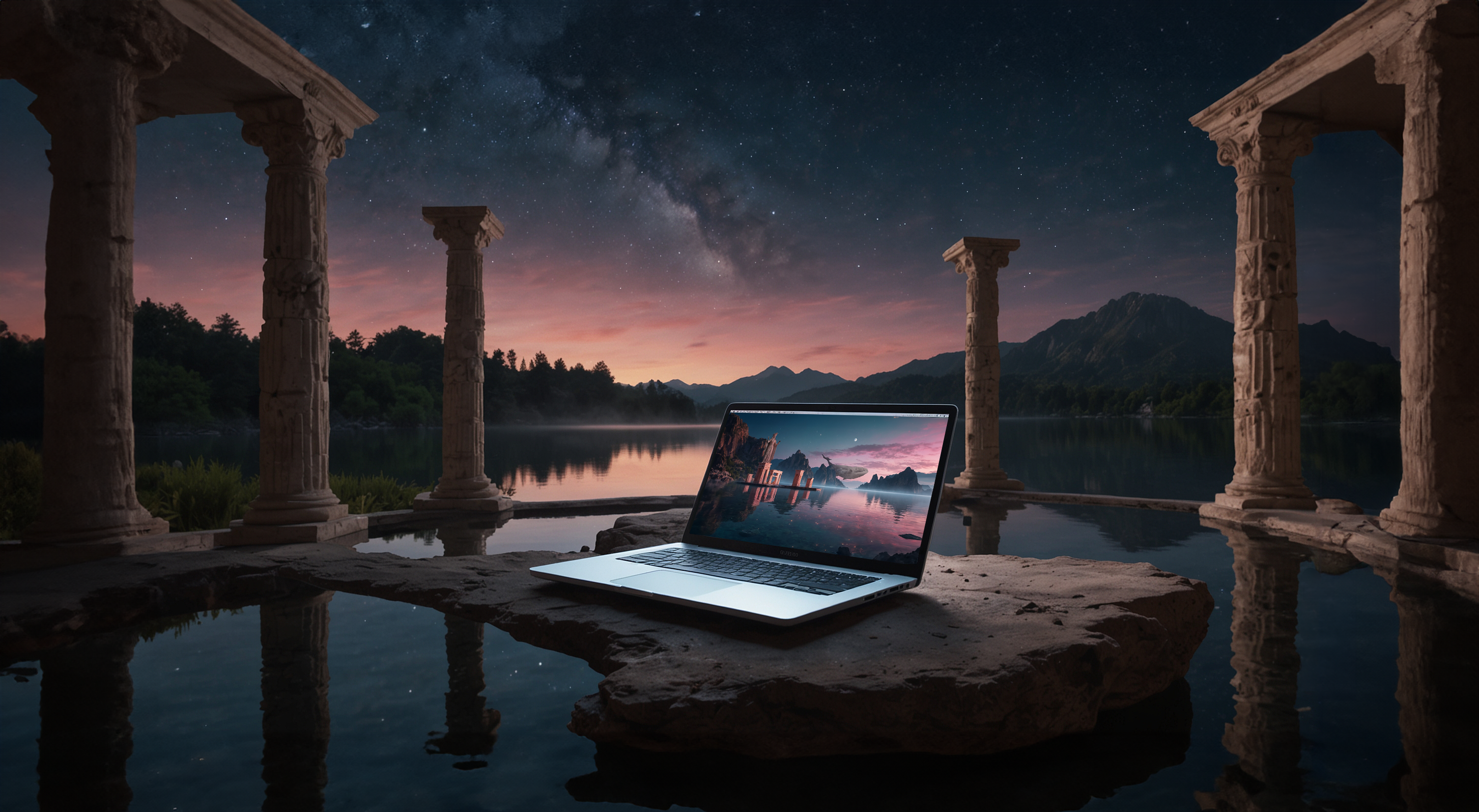 A laptop standing on a cliff in the middle of a lake with ancient greek pillars around it.