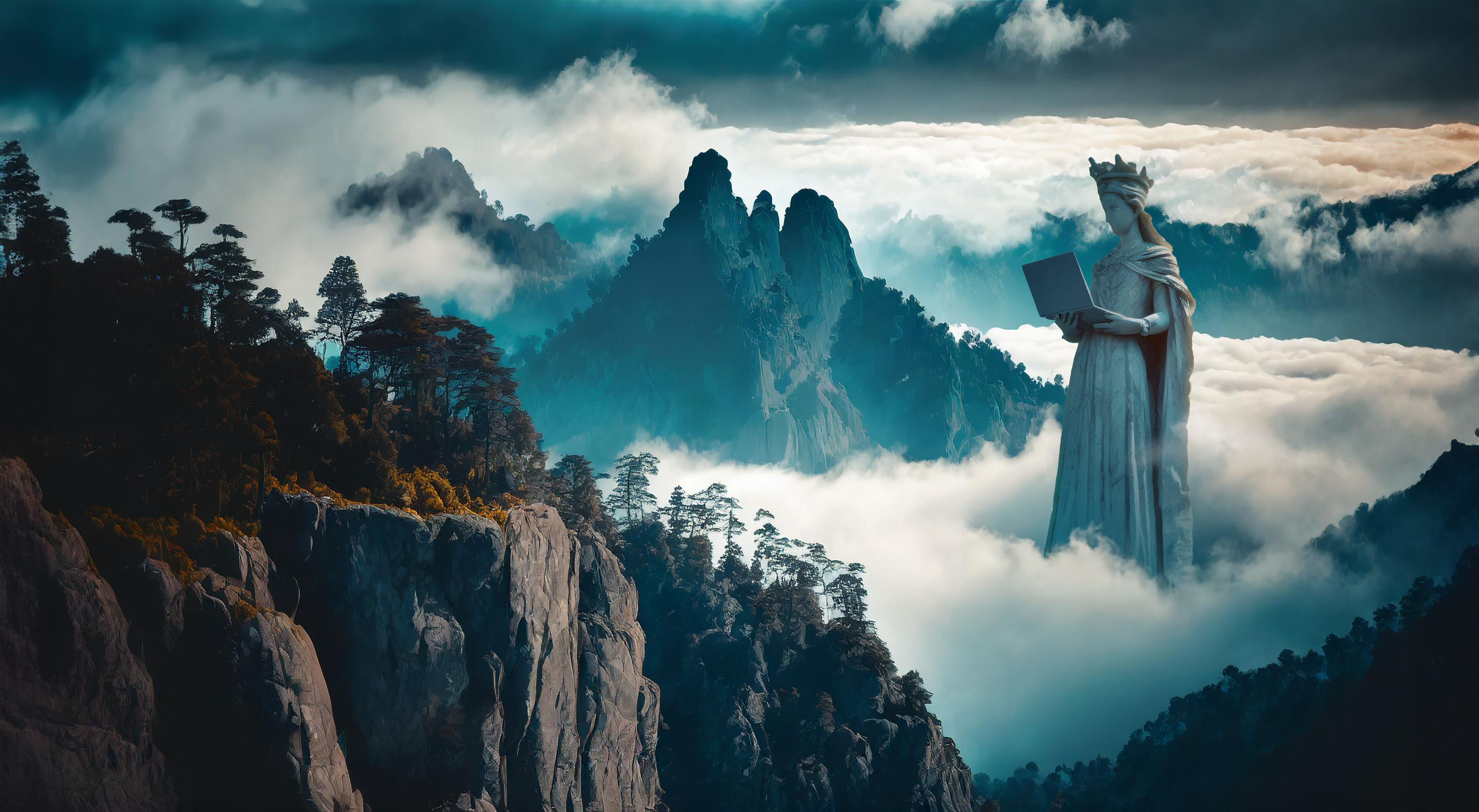 Statue holding a laptop standing in between mountains and clouds.